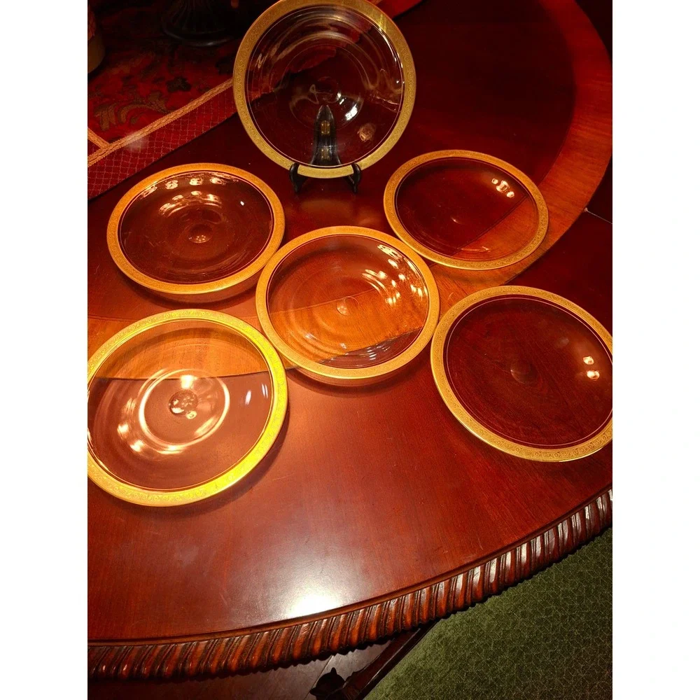Set of 6 Vintage Tiffin Gold‎ Encrusted Rim Clear Glass Salad Plates 8 1/2 